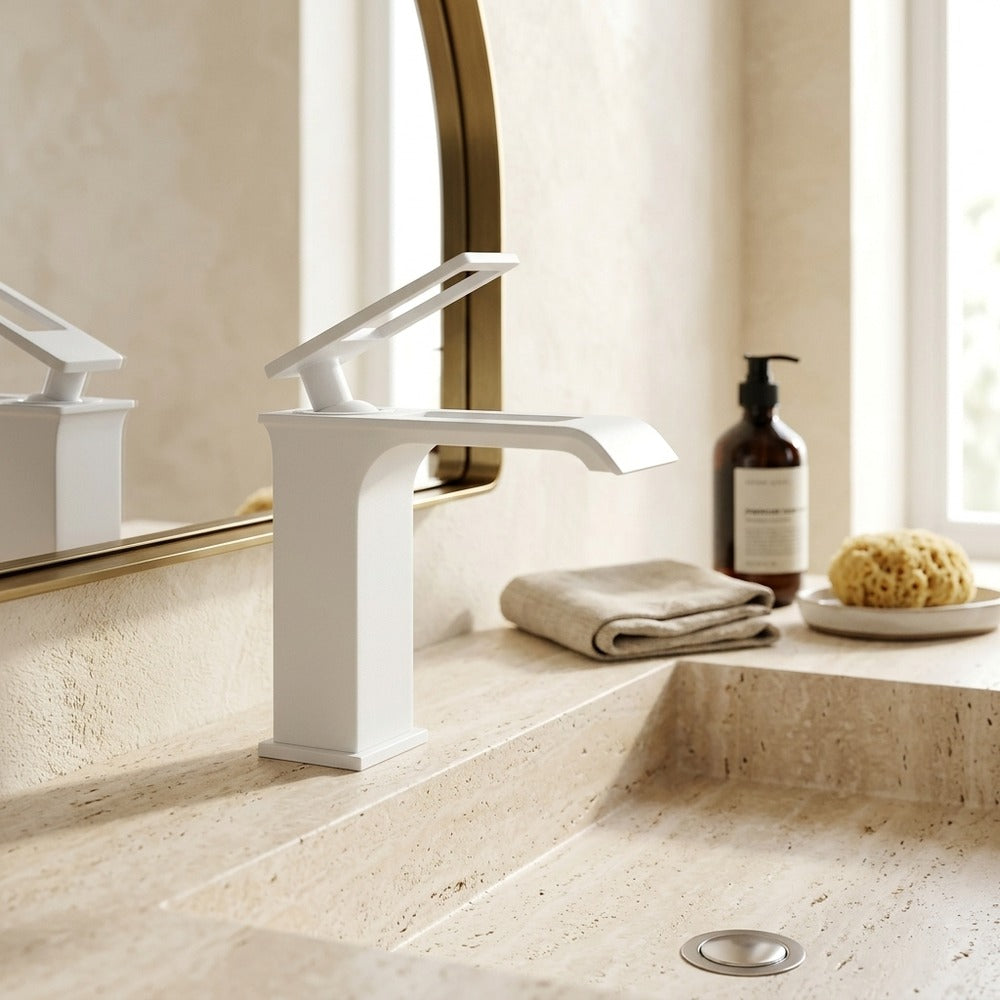 Lagomel waterfall single-hole bathroom faucet, set in a Modern/Minimalist bathroom