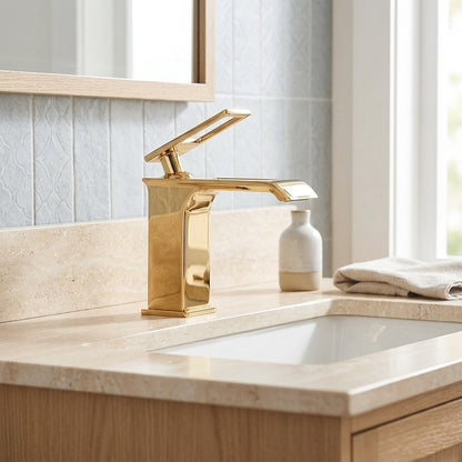 Lagomel waterfall single-hole bathroom faucet, set in a Modern/Minimalist bathroom