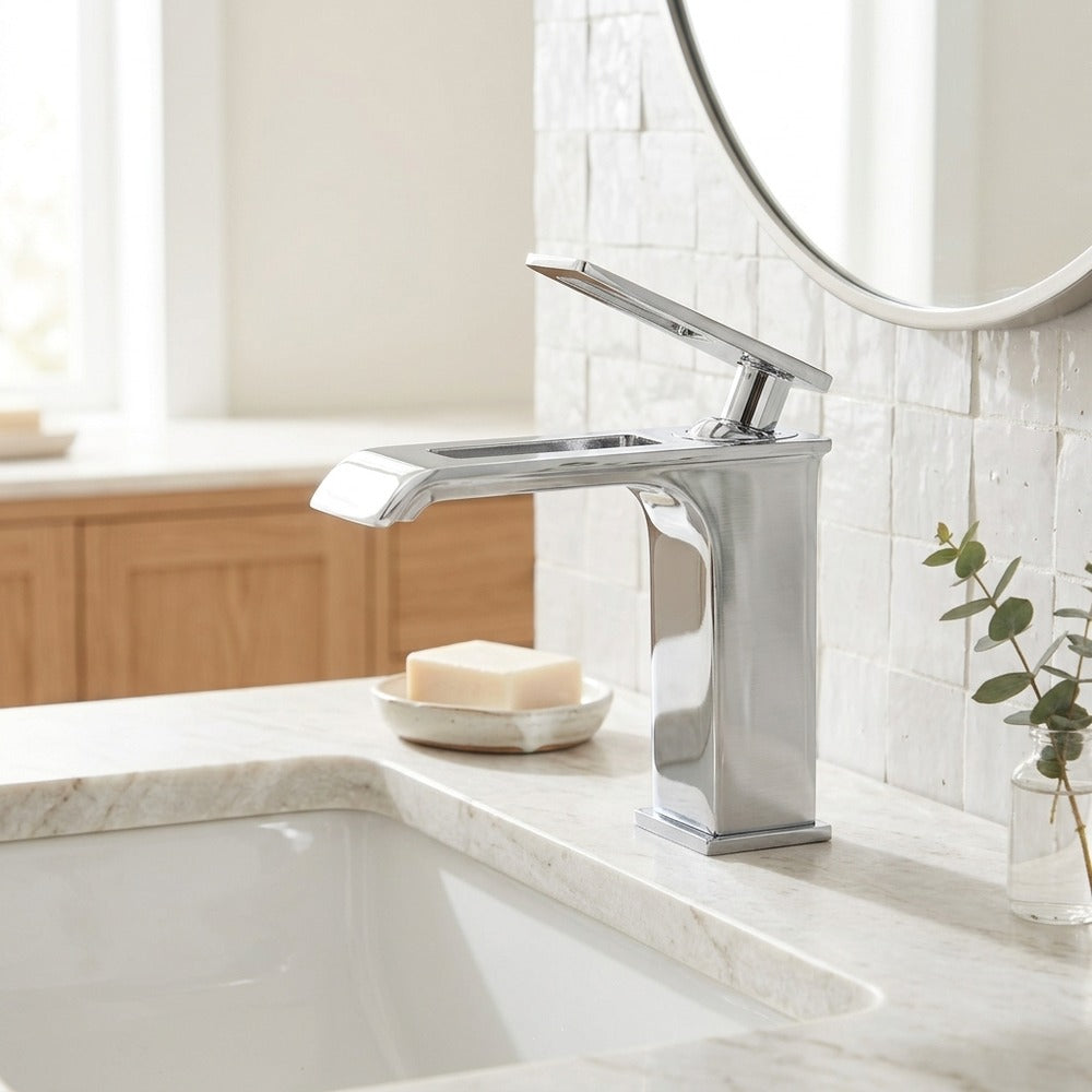Lagomel waterfall single-hole bathroom faucet, set in a Modern/Minimalist bathroom
