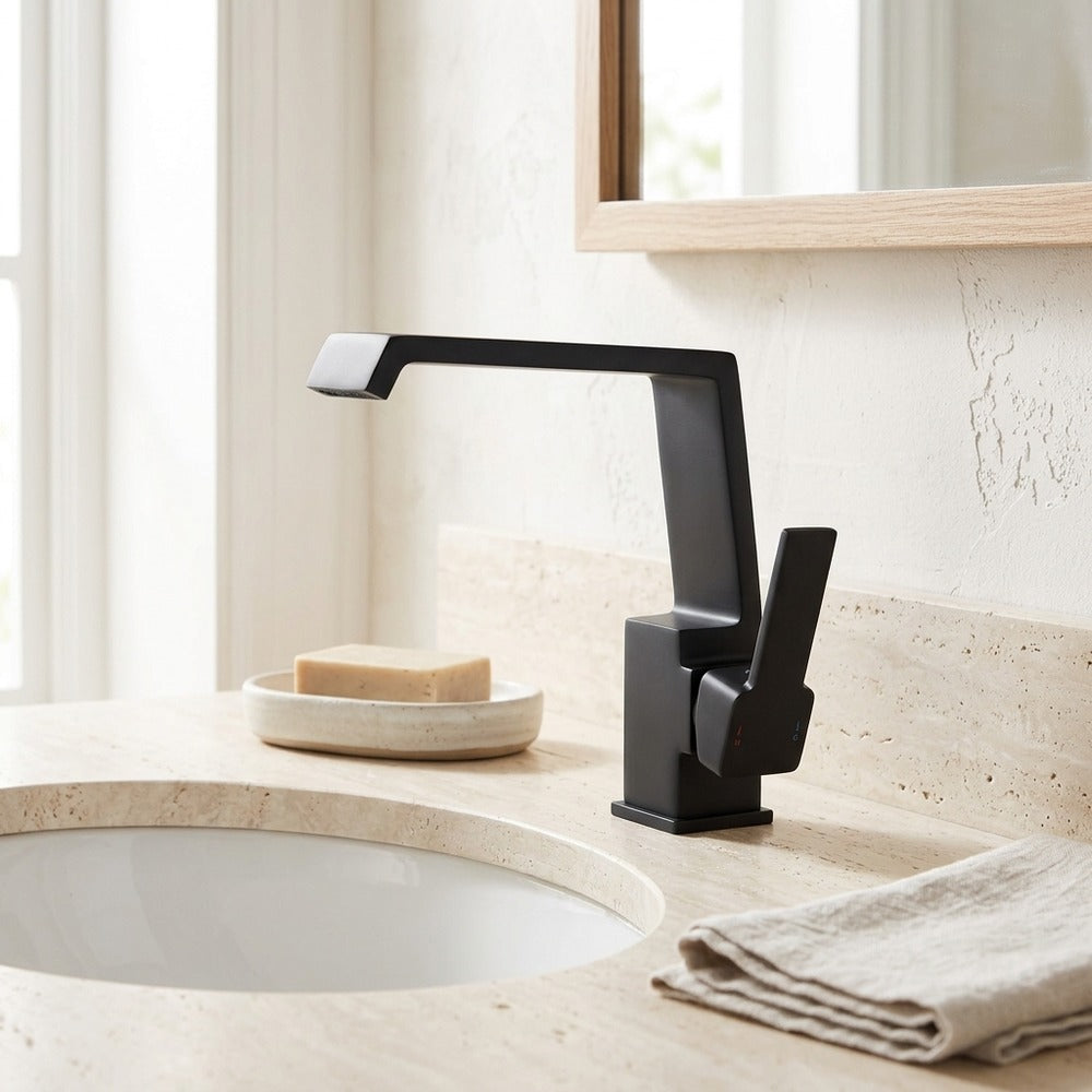 Lagomel waterfall single-hole bathroom faucet, set in a Modern/Minimalist bathroom