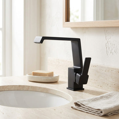 Lagomel waterfall single-hole bathroom faucet, set in a Modern/Minimalist bathroom