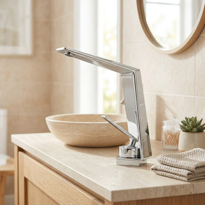 Lagomel waterfall single-hole bathroom faucet, set in a Modern/Minimalist bathroom