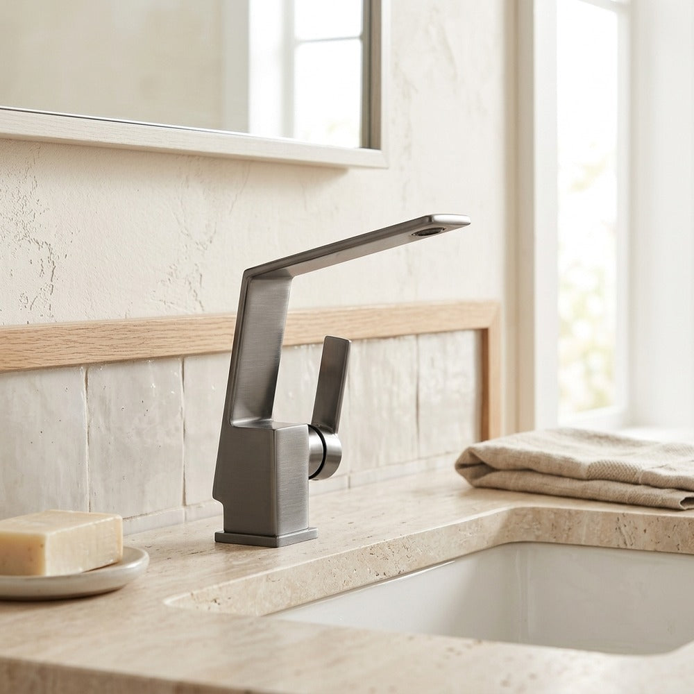 Lagomel waterfall single-hole bathroom faucet, set in a Modern/Minimalist bathroom