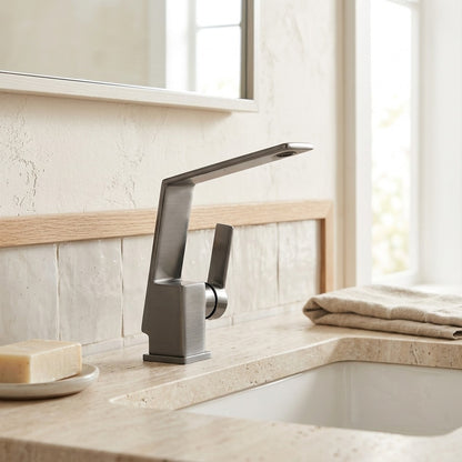 Lagomel waterfall single-hole bathroom faucet, set in a Modern/Minimalist bathroom