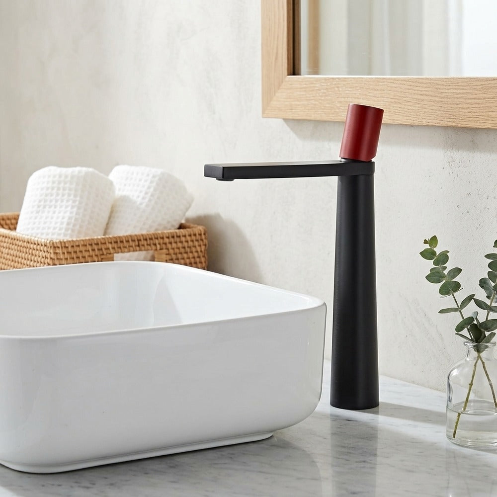Lagomel single-hole single-handle vessel sink faucet in two-tone / mixed finish, brushed gold, chrome, matte white,, set in a Modern/Contemporary bathroom