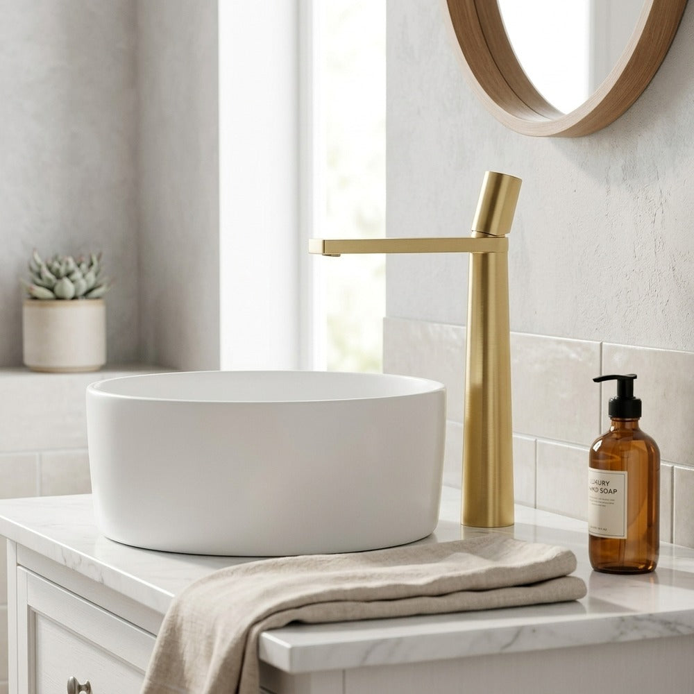 Lagomel single-hole single-handle vessel sink faucet, set in a Modern/Minimalist/Contemporary bathroom