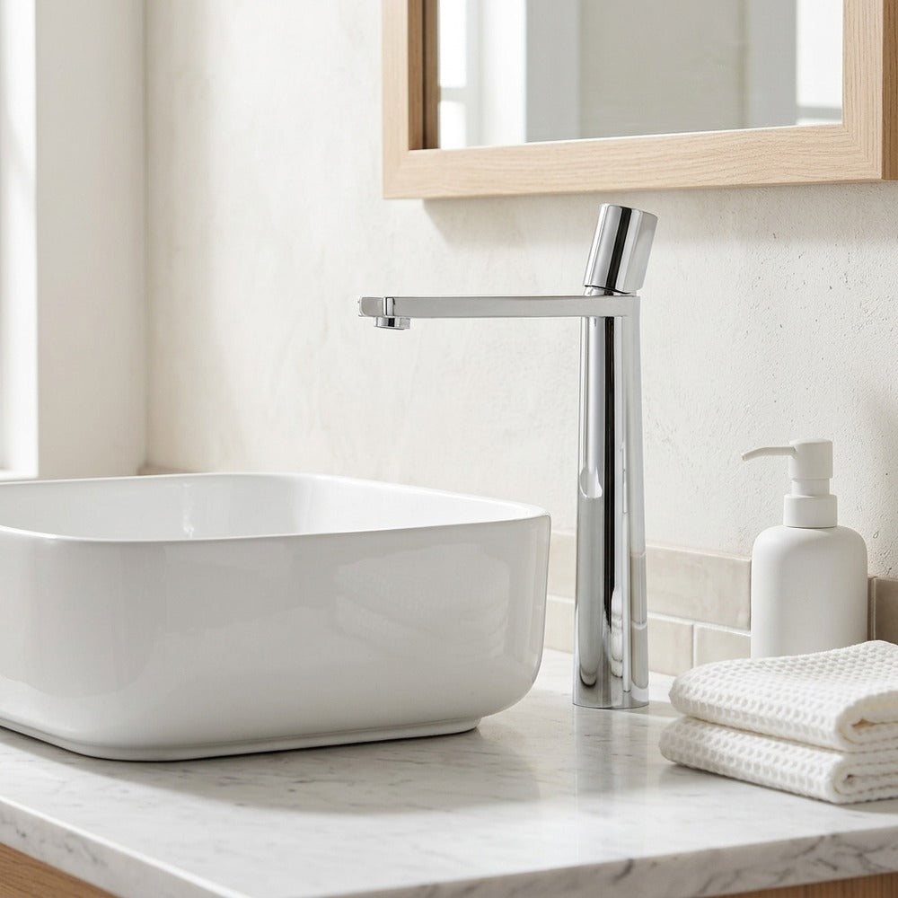 Lagomel single-hole single-handle vessel sink faucet, set in a Modern/Minimalist/Contemporary bathroom