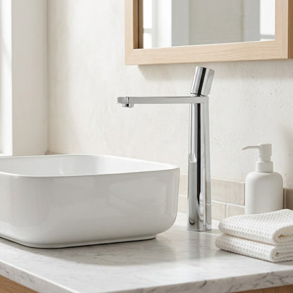 Lagomel single-hole single-handle vessel sink faucet, set in a Modern/Minimalist/Contemporary bathroom