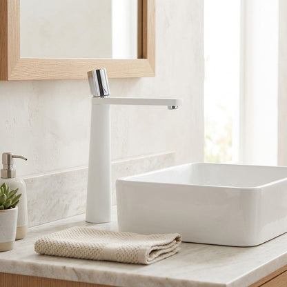Lagomel single-hole single-handle vessel sink faucet, set in a Modern/Minimalist/Contemporary bathroom