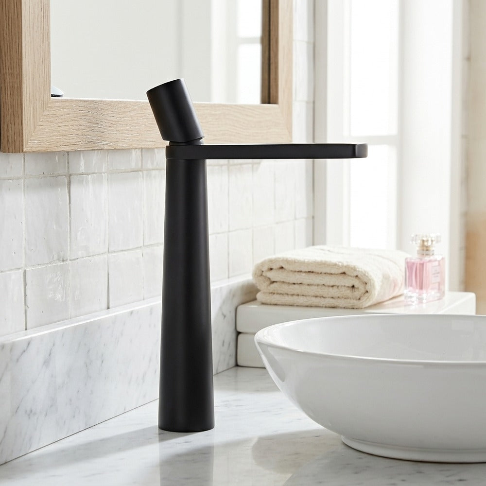 Lagomel single-hole single-handle vessel sink faucet, set in a Modern/Minimalist/Contemporary bathroom