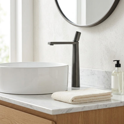 Lagomel single-hole single-handle vessel sink faucet, set in a Modern/Minimalist/Contemporary bathroom