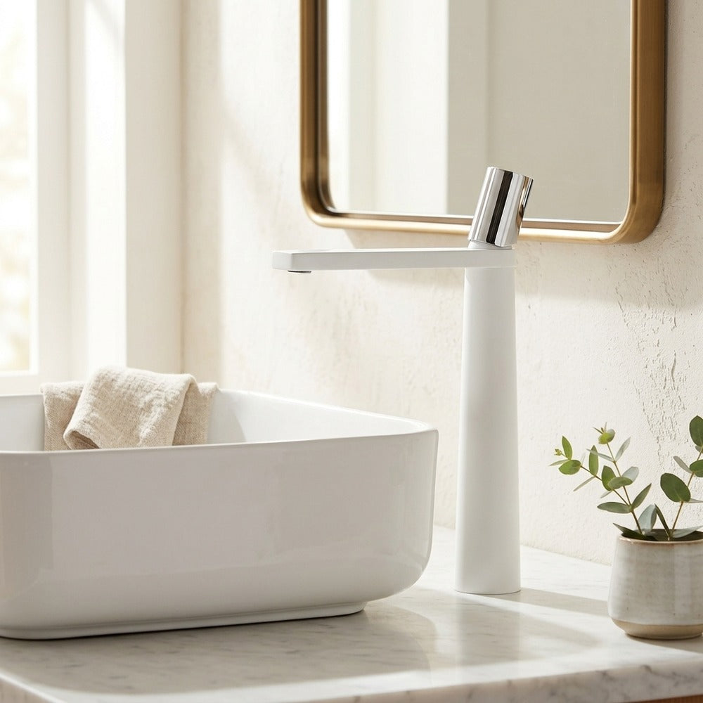 Lagomel single-hole single-handle vessel sink faucet, set in a Modern/Minimalist/Contemporary bathroom