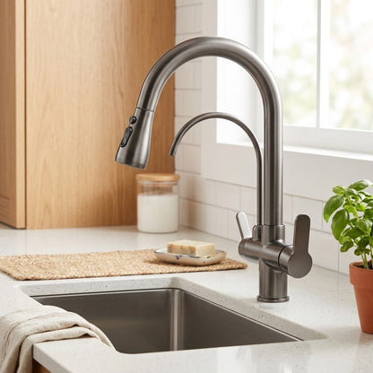 Lagomel pull-down kitchen faucet in gunmetal, matte black, chrome, matte white, two-tone / mixed finish, antique, set in a Modern/Contemporary kitchen