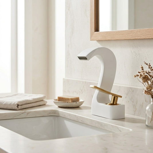 Lagomel waterfall single-hole bathroom faucet in two-tone / mixed finish, matte white, matte black, polished gold,, set in a Modern/Contemporary bathroom
