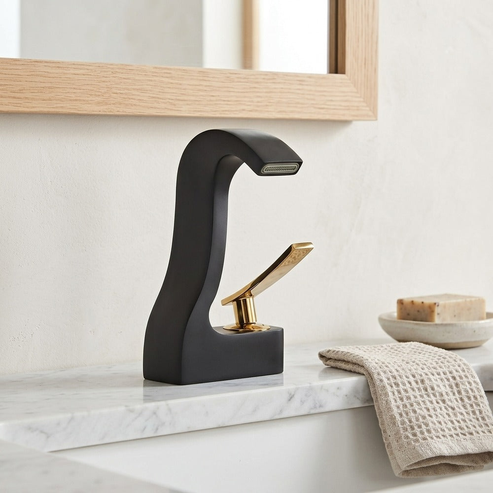 Lagomel waterfall single-hole bathroom faucet, set in a Modern/Minimalist bathroom