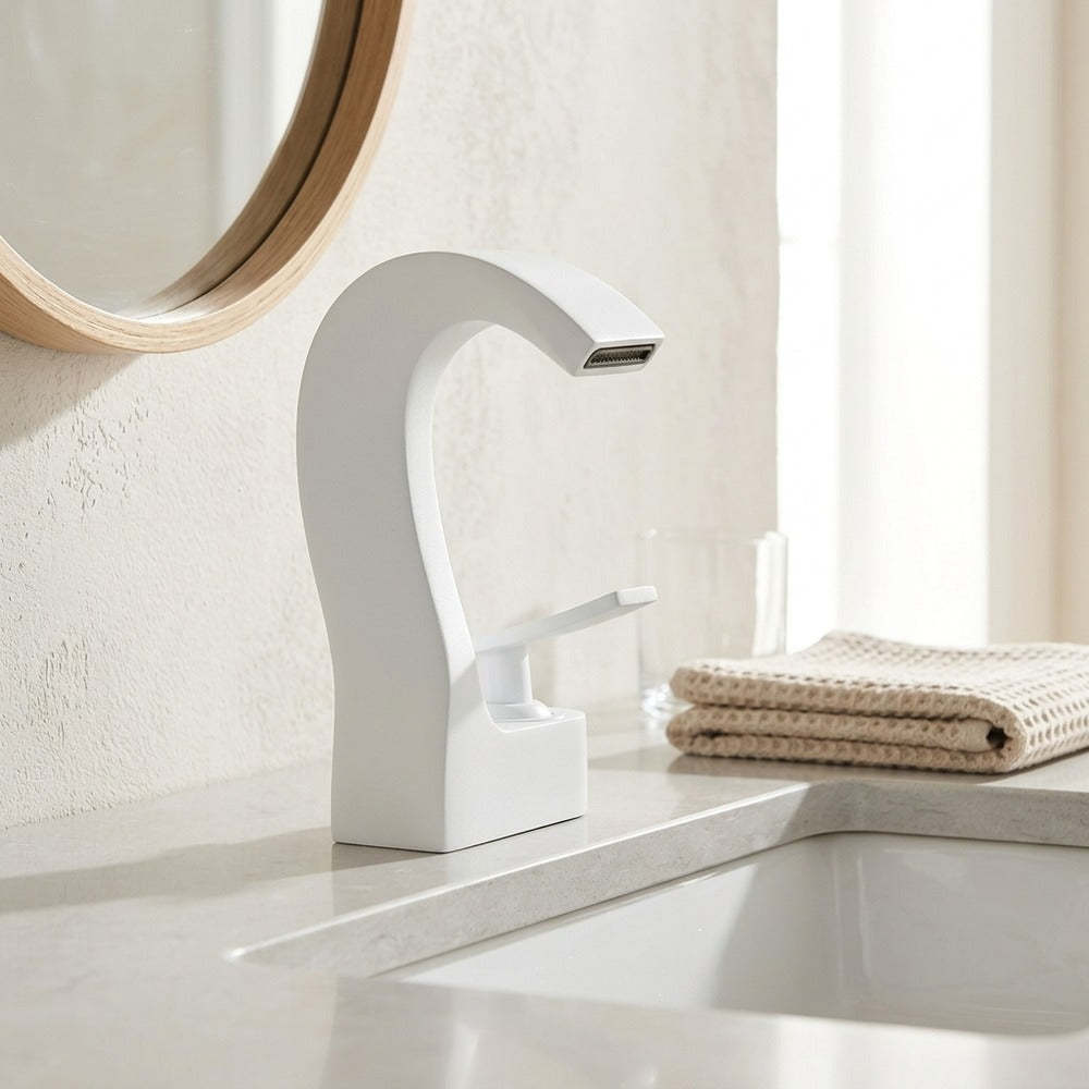 Lagomel waterfall single-hole bathroom faucet, set in a Modern/Minimalist bathroom