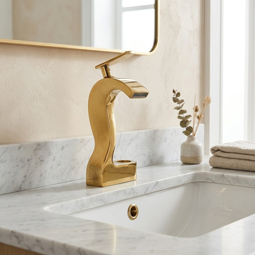 Lagomel waterfall single-hole bathroom faucet, set in a Modern/Minimalist bathroom