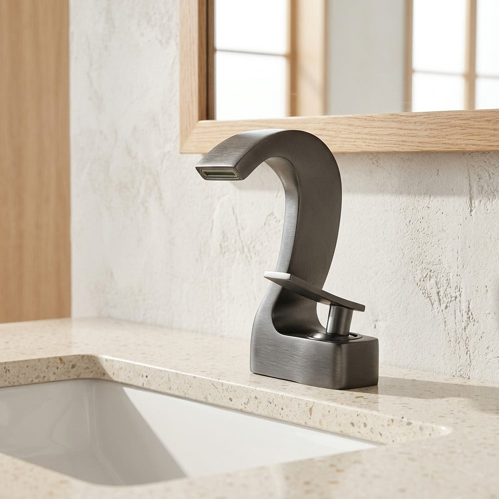 Lagomel waterfall single-hole bathroom faucet, set in a Modern/Minimalist bathroom