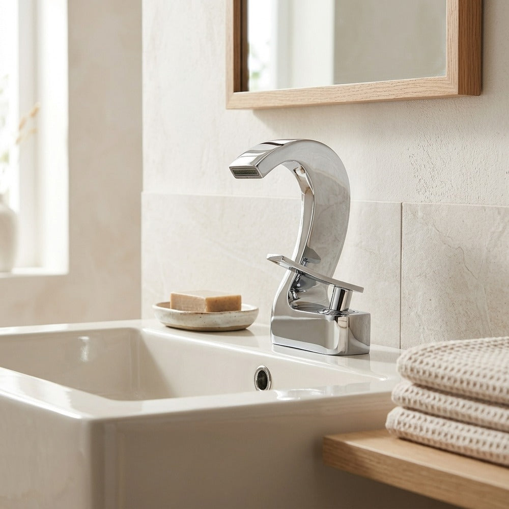 Lagomel waterfall single-hole bathroom faucet, set in a Modern/Minimalist bathroom