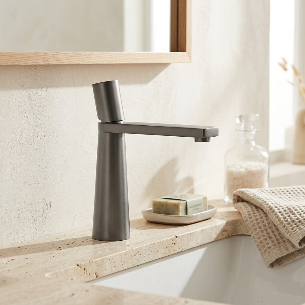 Lagomel single-hole bathroom faucet in matte black, brushed gold, matte white, chrome, gunmetal, two-tone / mixed, set in a Modern/Contemporary bathroom
