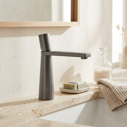Lagomel single-hole bathroom faucet in matte black, brushed gold, matte white, chrome, gunmetal, two-tone / mixed, set in a Modern/Contemporary bathroom