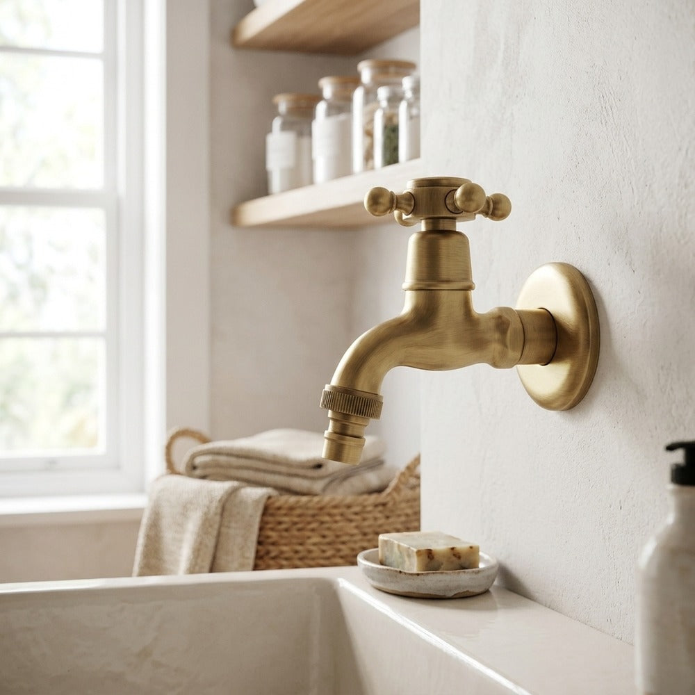 Lagomel wall-mounted washing machine faucet in antique brass, matte black, set in a Traditional/Classic/Vintage/Retro bathroom