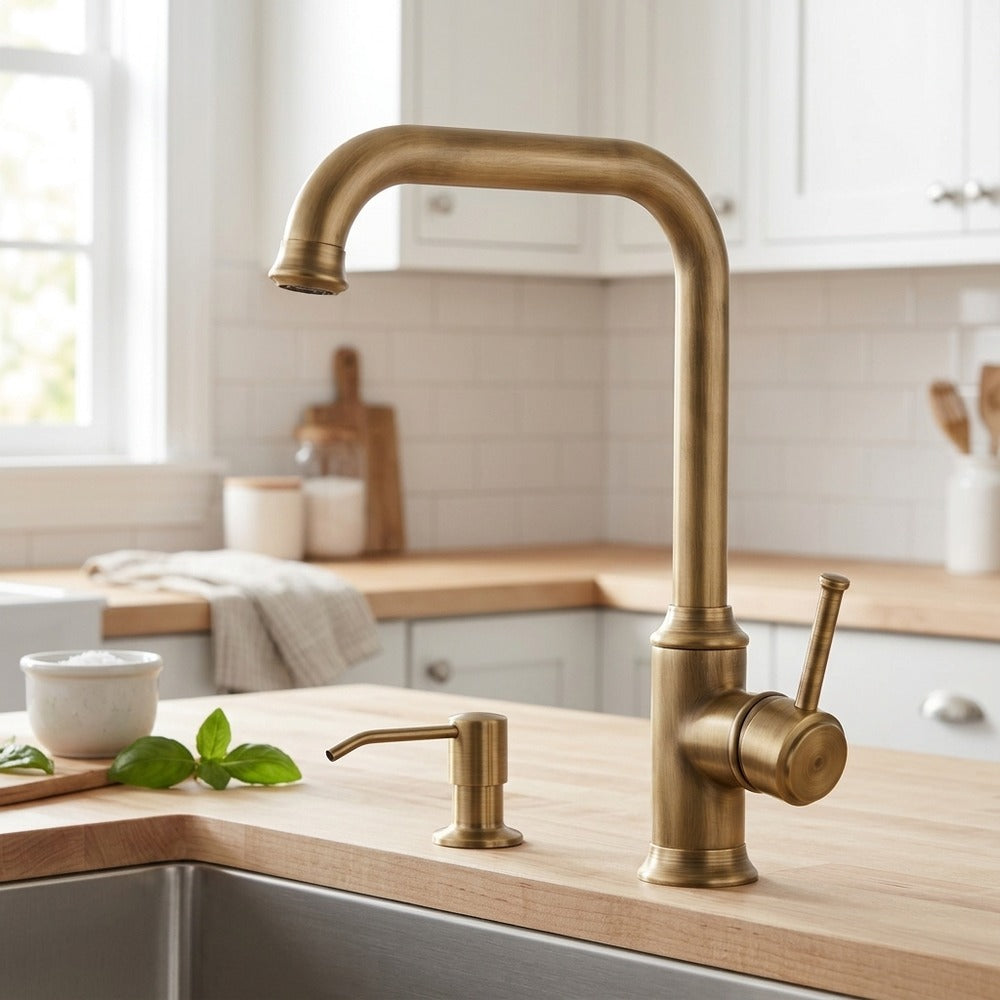 Lagomel single-handle kitchen faucet in antique brass, set in a Modern/Contemporary kitchen