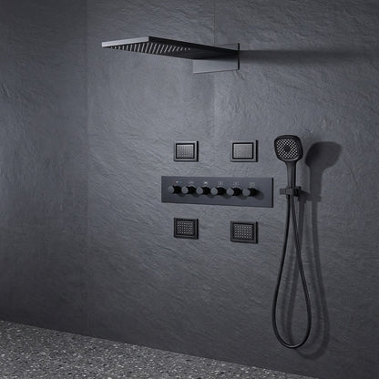 Lagomel wall-mounted waterfall tub and shower system in matte black, set in a Contemporary/Modern bathroom