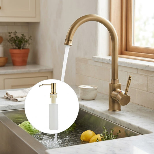 Lagomel single-handle kitchen faucet in antique brass, set in a Modern/Contemporary kitchen