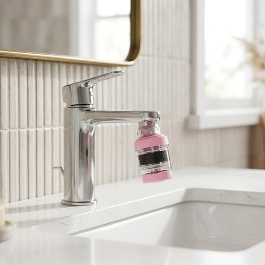 Lagomel faucet water filter in matte white, two-tone / mixed finish, set in a Modern/Contemporary kitchen