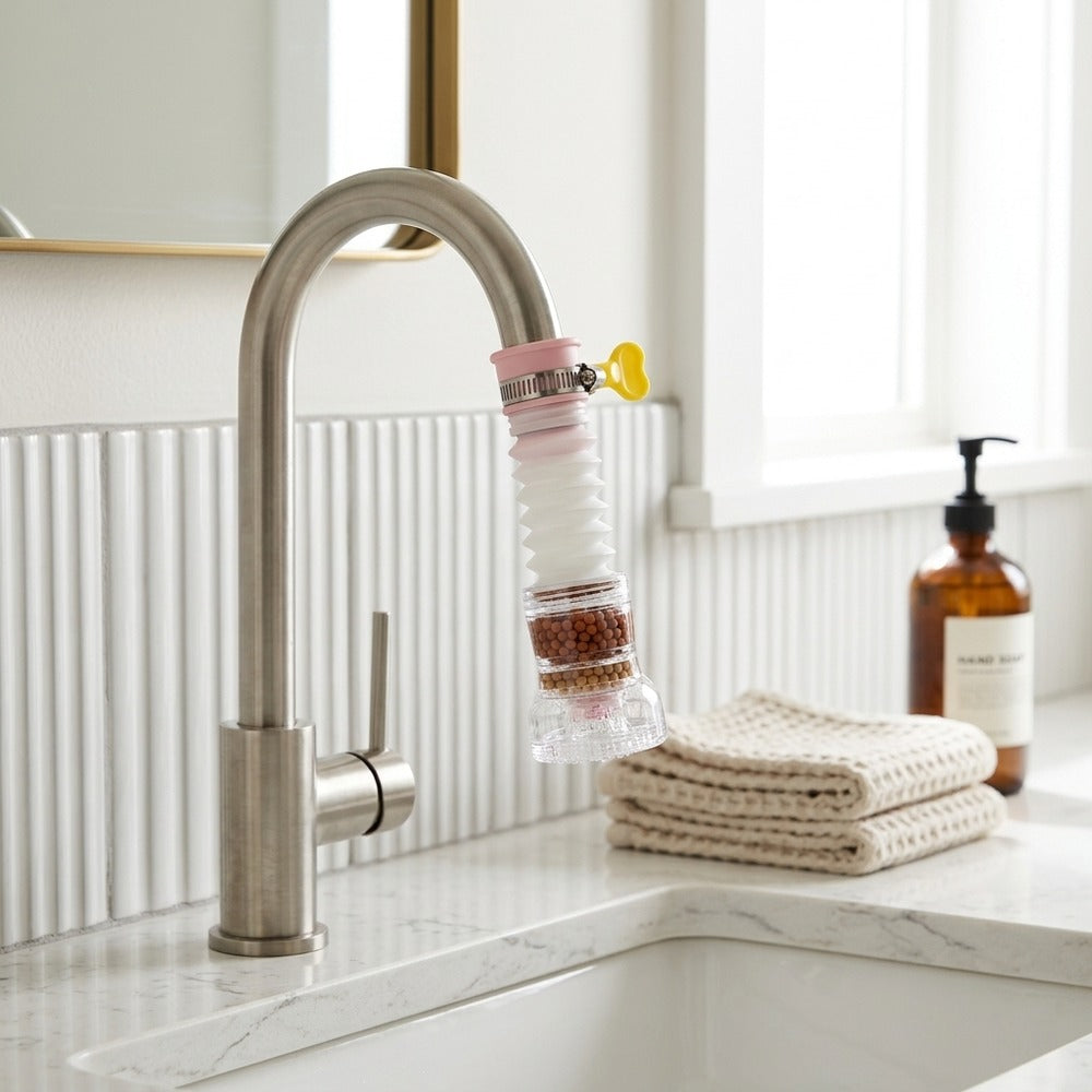 Lagomel faucet water filter, set in a Modern bathroom