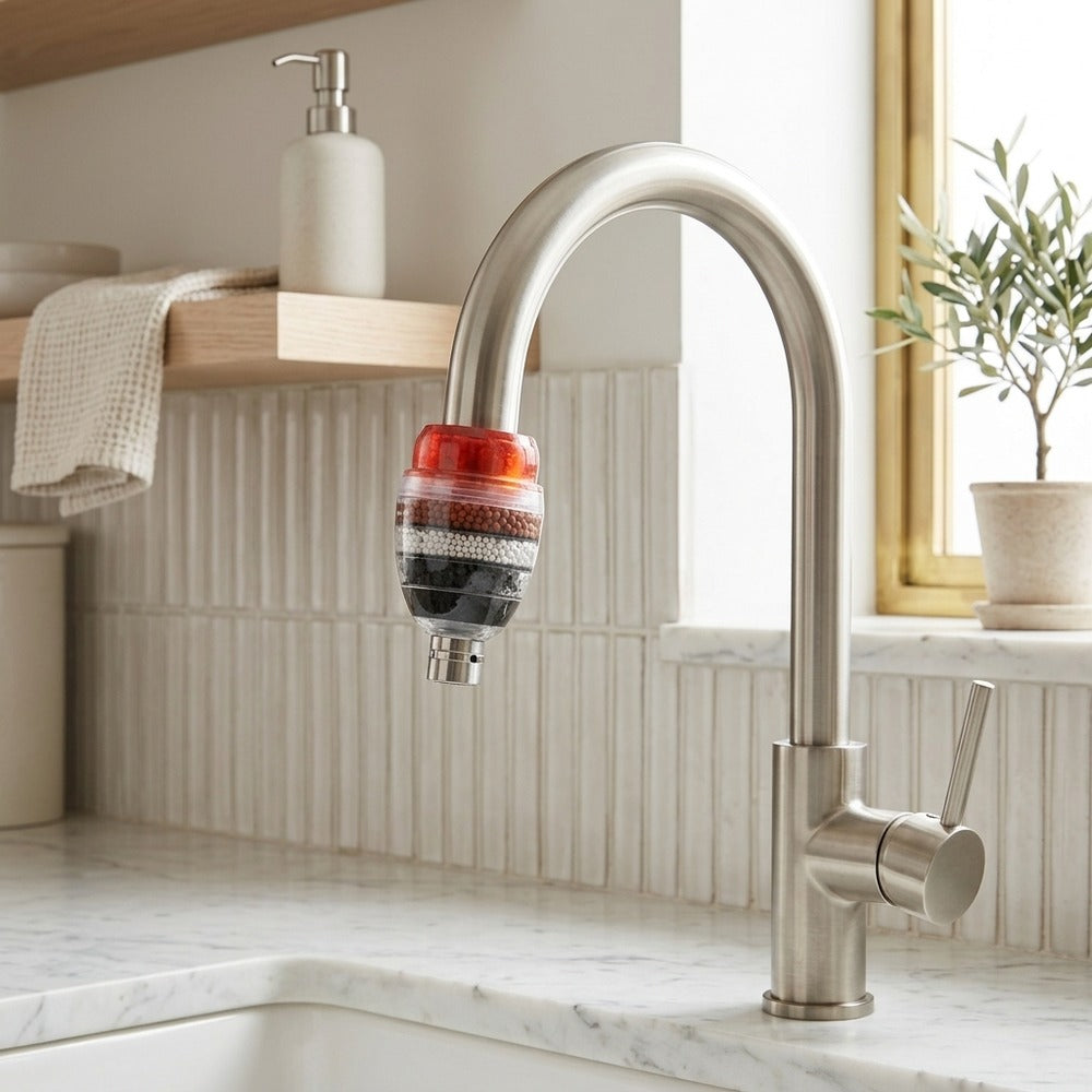Lagomel faucet water filter, set in a Modern bathroom