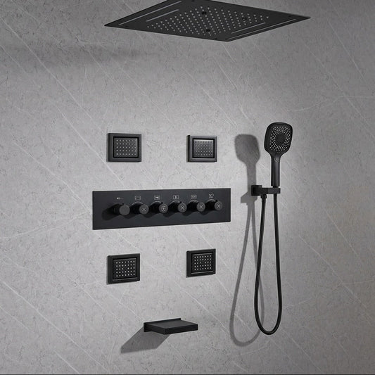 Lagomel tub and shower system in matte black, set in a Modern/Contemporary bathroom