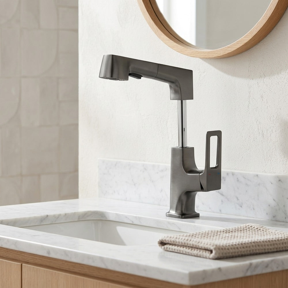 Lagomel pull-out single-hole bathroom faucet in matte black, chrome, matte white, gunmetal, set in a Modern/Minimalist bathroom