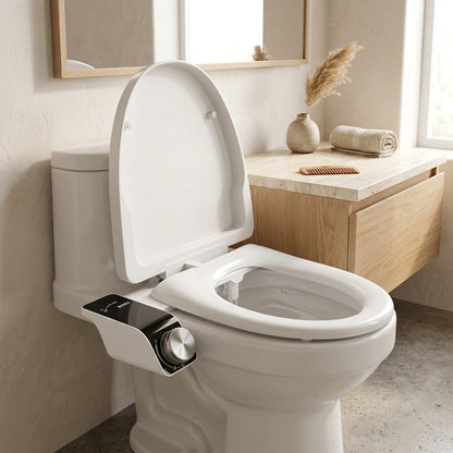 Lagomel bidet attachment in matte white, set in a Modern bathroom