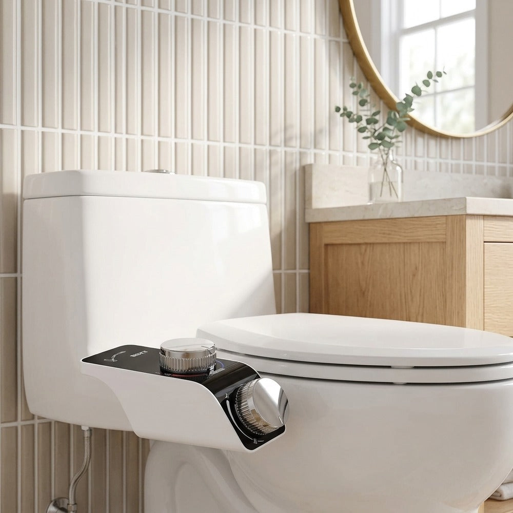 Lagomel bidet attachment in matte white, chrome, set in a Modern/Contemporary bathroom