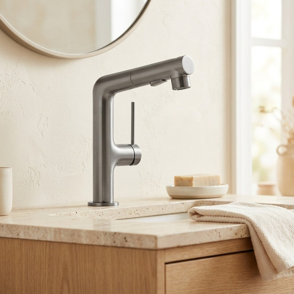 Lagomel pull-out single-hole bathroom faucet in gunmetal, matte black, brushed gold, matte white, chrome, set in a Modern/Contemporary bathroom