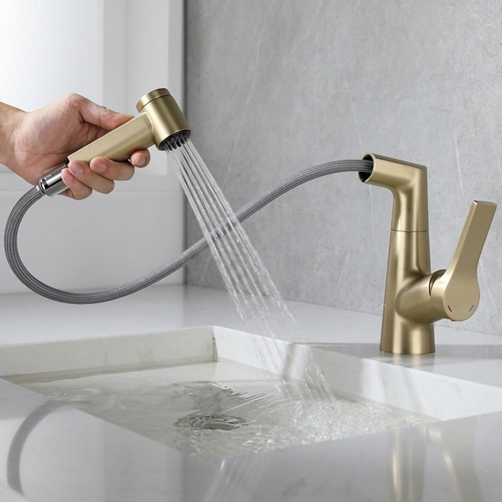 Lagomel pull-out single-hole bathroom faucet in brushed gold, chrome, matte black, gunmetal, set in a Modern/Contemporary bathroom