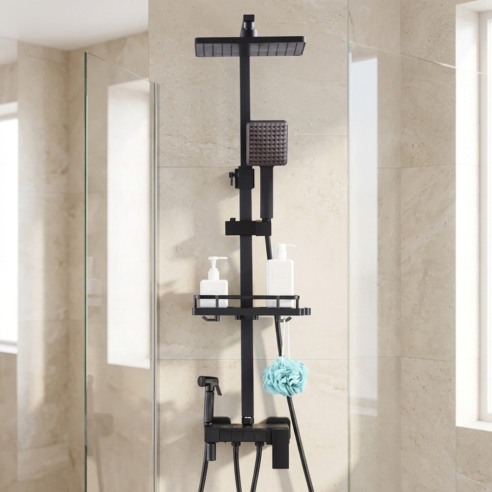 Lagomel wall-mounted tub and shower system in matte black, chrome, two-tone / mixed finish, set in a Modern bathroom