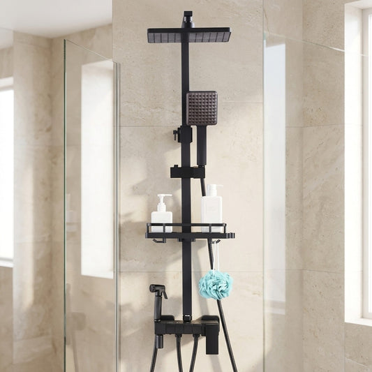 Lagomel wall-mounted tub and shower system in matte black, chrome, two-tone / mixed finish, set in a Modern bathroom