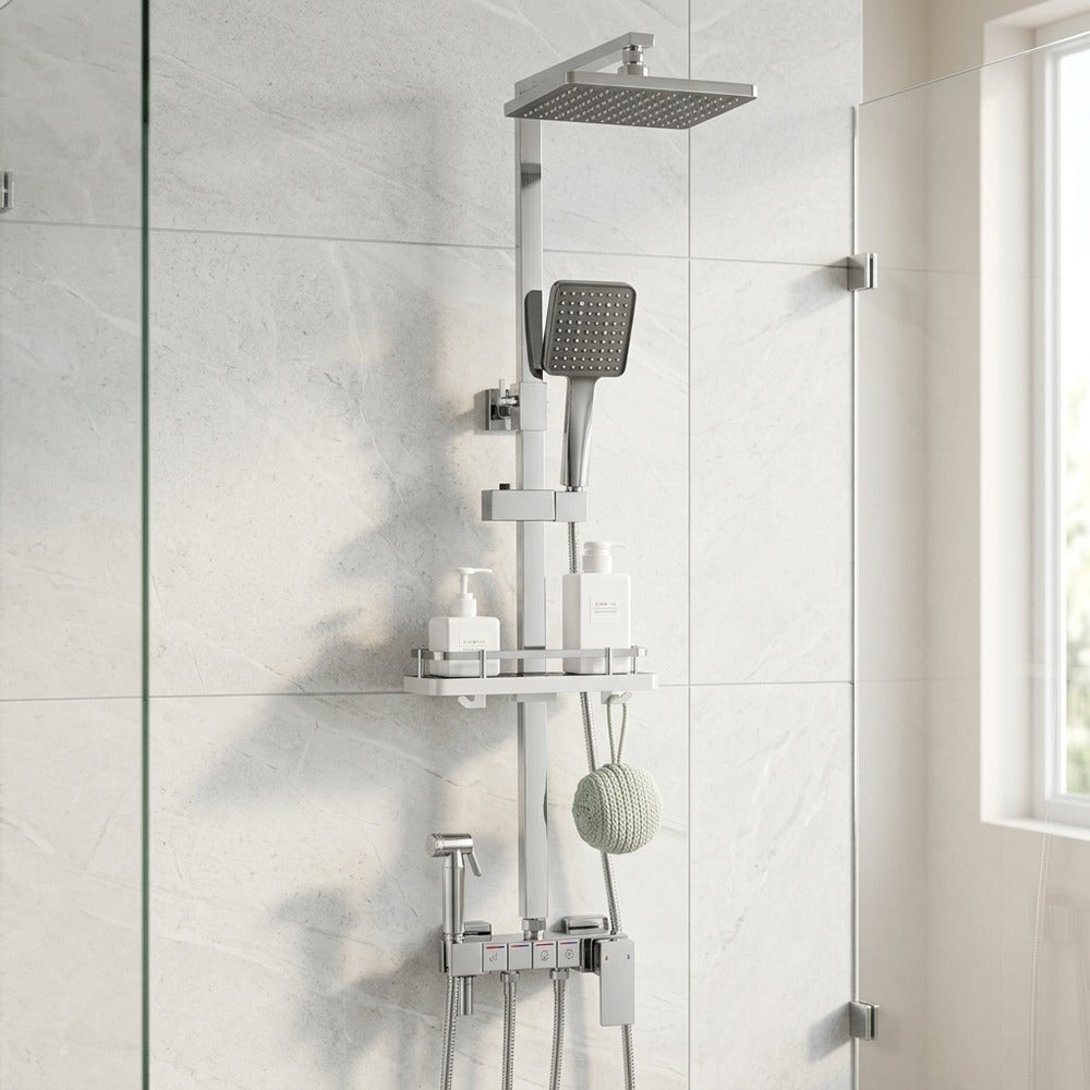 Lagomel wall-mounted tub and shower system, set in a Contemporary bathroom