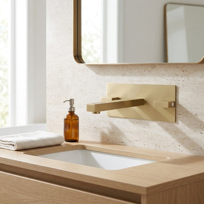Lagomel wall-mount bathroom faucet in brushed gold, matte black, set in a Modern/Contemporary bathroom