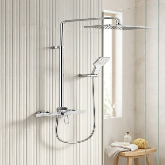 Lagomel wall-mounted single-handle tub and shower system in chrome, matte black, brushed gold, gunmetal, set in a Contemporary bathroom