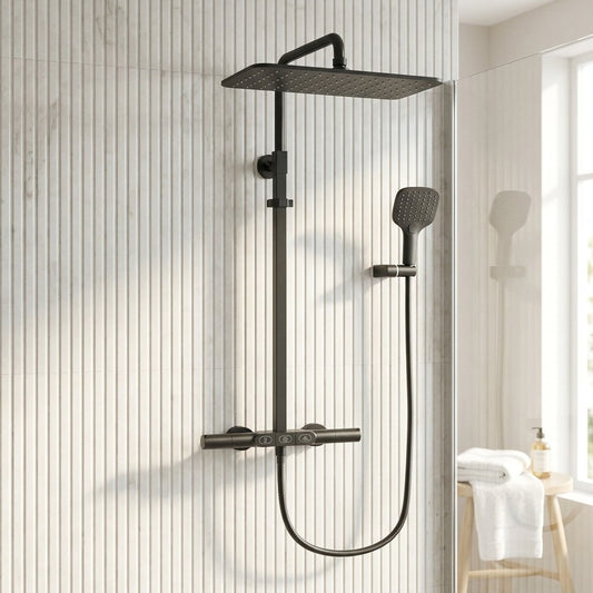 Lagomel wall-mounted complete shower system in chrome, matte black, brushed gold, gunmetal, set in a Modern/Contemporary bathroom