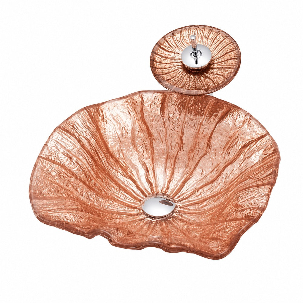 Rose Gold Waterfall Tempered Glass Vessel Sink, Single-Handle Chrome Faucet with Pop-Up Drain