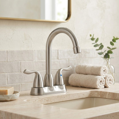 Lagomel double-handle centerset bathroom faucet in brushed nickel, set in a Modern bathroom