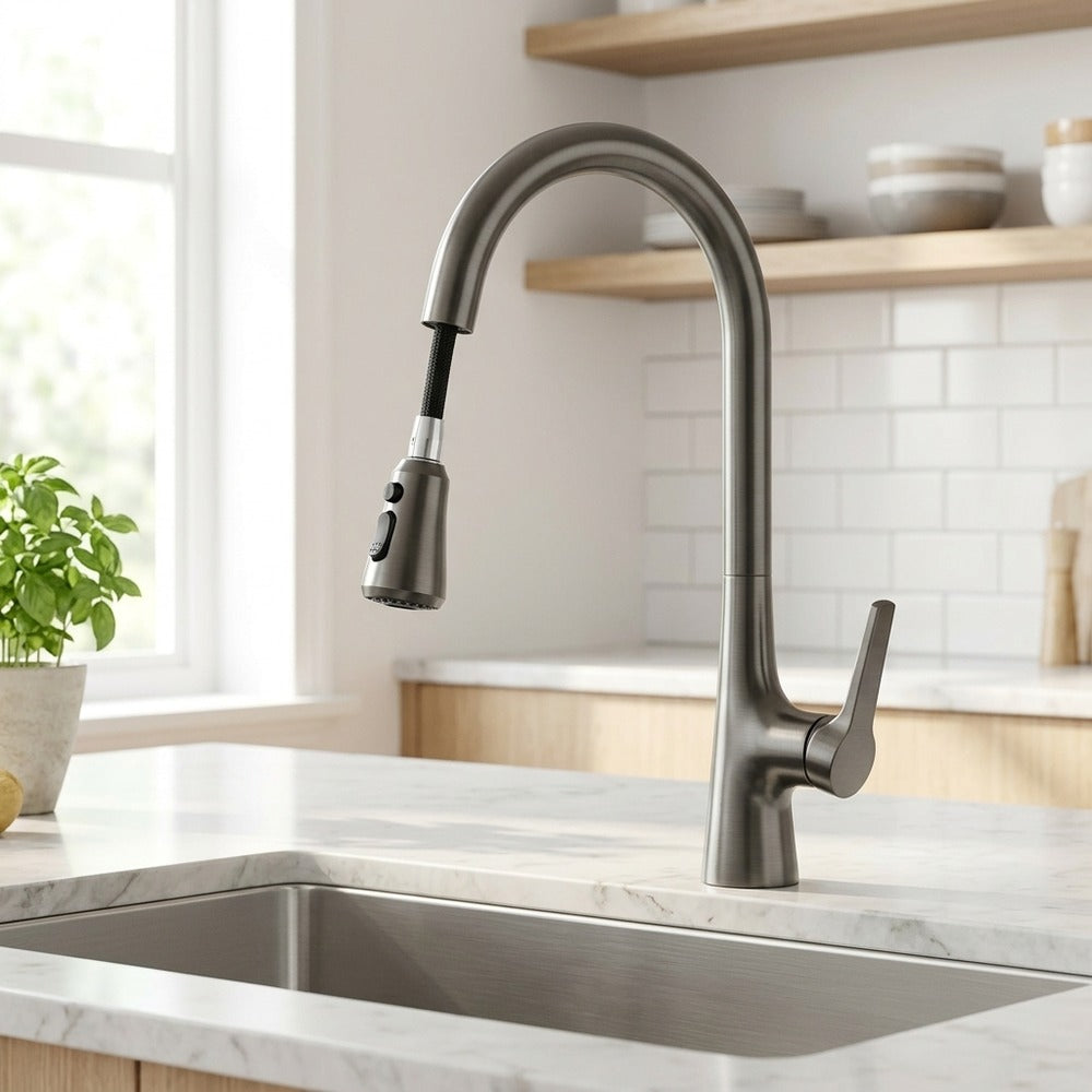 Lagomel single-handle pull-down kitchen faucet in chrome, brushed nickel, matte black, matte white, gunmetal, set in a Modern/Contemporary kitchen