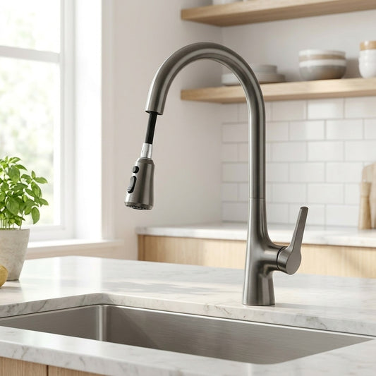 Lagomel single-handle pull-down kitchen faucet in chrome, brushed nickel, matte black, matte white, gunmetal, set in a Modern/Contemporary kitchen