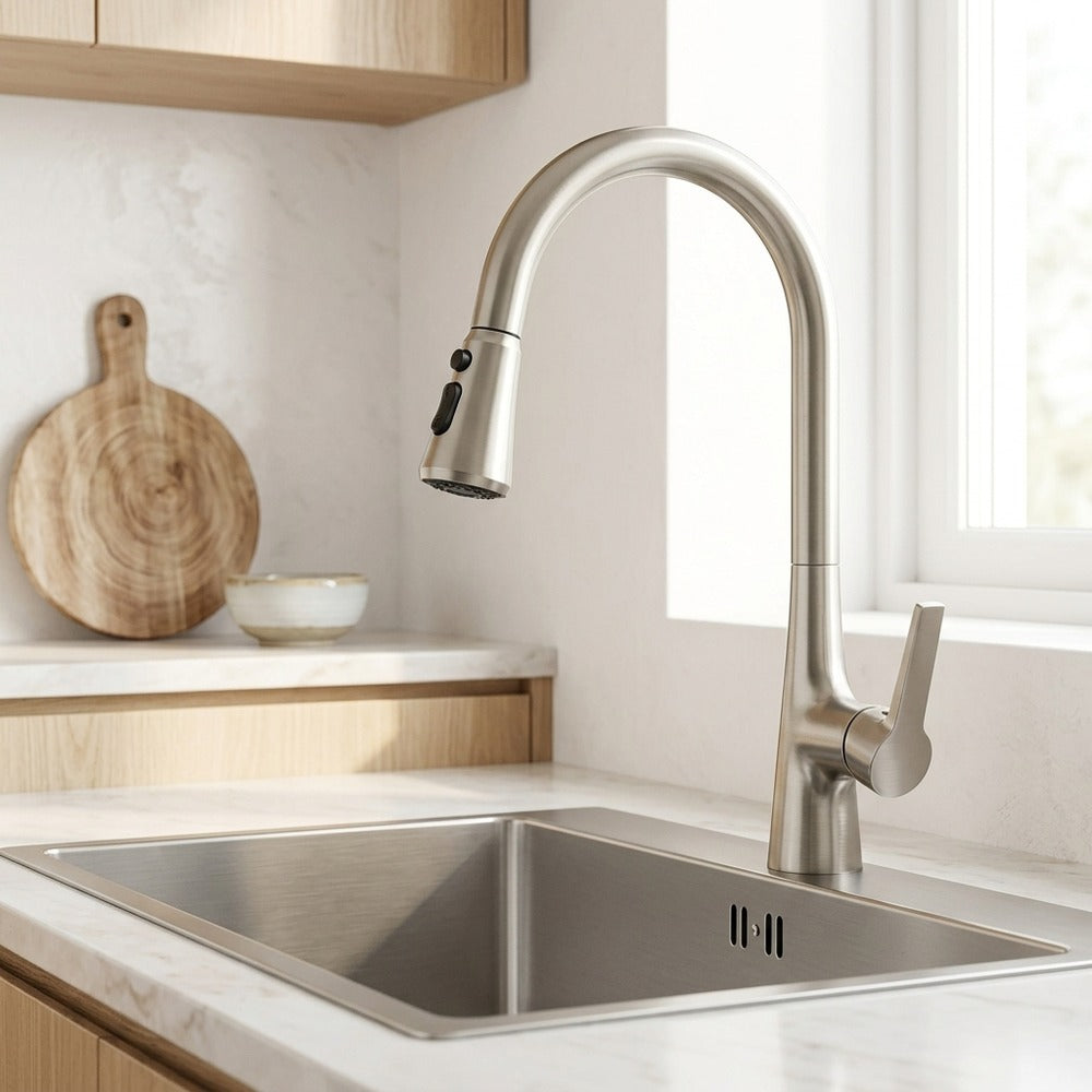 Lagomel single-handle pull-down kitchen faucet, set in a Modern/Contemporary kitchen