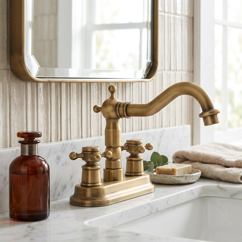 Lagomel double-handle centerset bathroom faucet in antique brass, set in a Traditional/Classic/Vintage/Retro bathroom